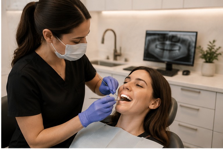 Masked dental clinician examining a patient in a modern treatment room