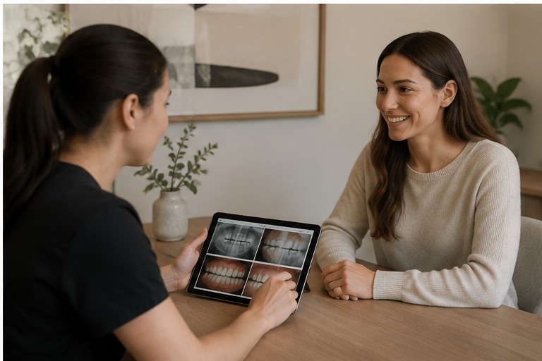 Dental clinician speaking with a patient in a bright contemporary treatment room