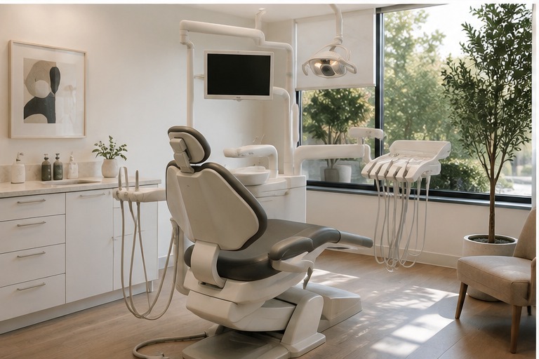 Welcoming modern dental practice interior with reception and patient seating